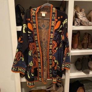 Flying Tomato Knit Open Front Black Cardigan Orange Blue Sweater